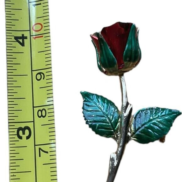 Vintage Metal Painted Red & Green Rose Brooch Pin - Picture 5 of 5